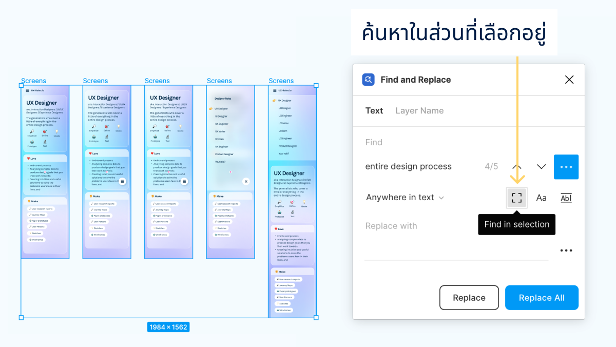 Interface แสดงวิธีการใช้ Find in Selection